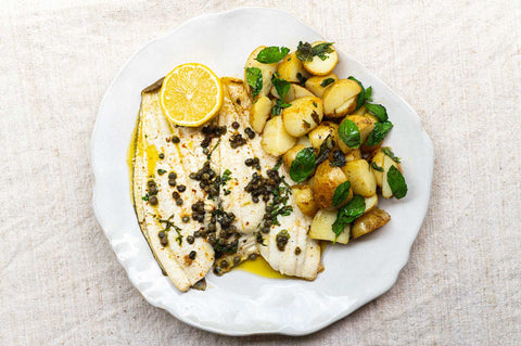 Pan-fried Plaice with anchovies, capers & butter lemon sauce