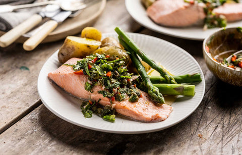 Poached Steelhead Trout Fillets With Asparagus, Potatoes & Chilli Caper Dressing
