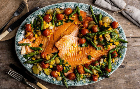 Grilled Whole Steelhead Trout Fillet with Roast Cherry Tomato & Saffron Dressing
