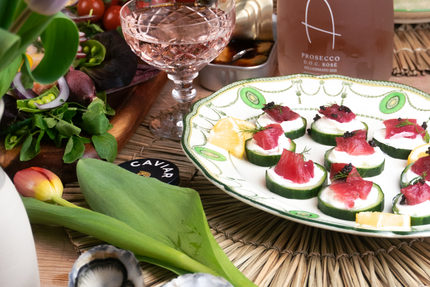 Cucumber canapés with beetroot gravadlax
