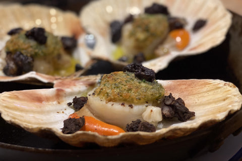 Scallops with black pudding and haggis butter