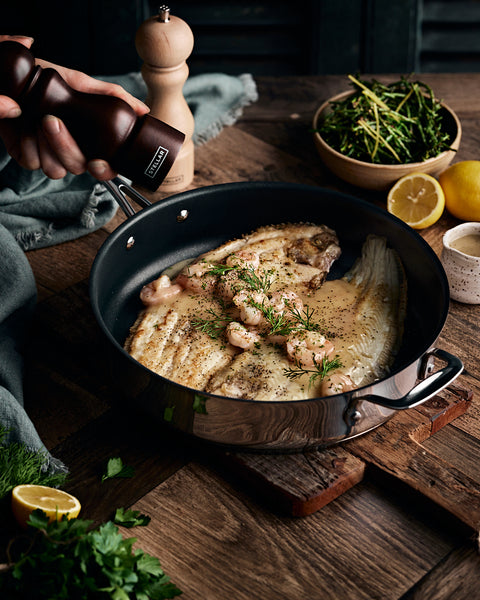 Pan Fried Dover Sole and prawns with vanilla pepper butter and samphire