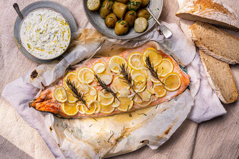 Poached salmon with cucumber and dill sauce