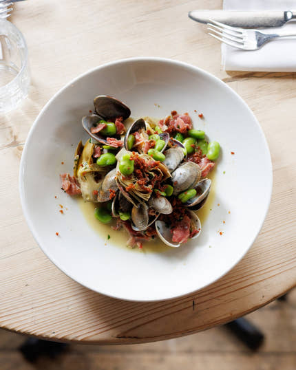Clams with Artichokes, Broad Beans, and Crispy Serrano Ham
