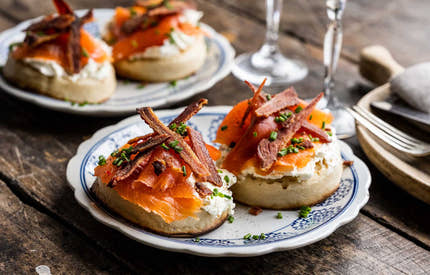 Smoked Steelhead Trout, Cream Cheese & Crisp Bacon Crumpets