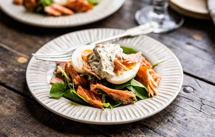 Hot Smoked Steelhead Trout with Soft Boiled Egg, Spring Onion & Herb Mayonnaise