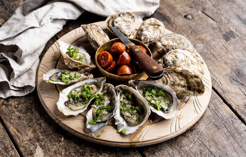 Oysters with Grilled Chorizos and Sherry & Coriander Dressing