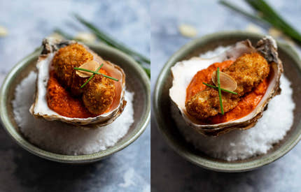 Almond-Encrusted Crispy Carlingford Oyster with Romesco by Storm Ashdown