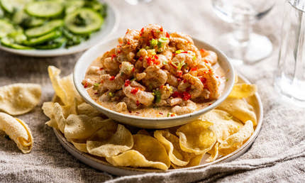 Coronation Prawns, Cucumber Salad and Mini Poppadoms