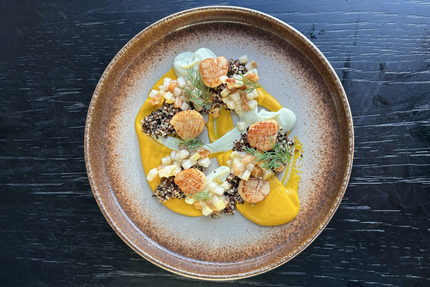 Scallops, Pancetta & Pear Salsa, Cauliflower, Pumpkin and Quinoa