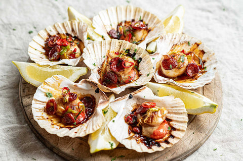 Scallops with spicy chorizo and chilli